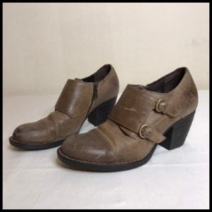 Born Leather Ankle Boot Buckles & Zip Western Style Block Heel Sz 8.5